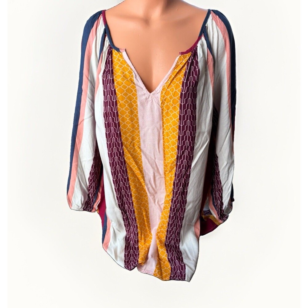 Lane Bryant NWT 14/16 Boho Tunic Blouse Multi Stripe Geo V-Neck Plus Size Top